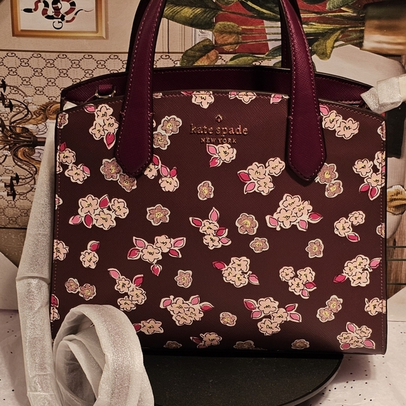 Kate Spade Tinsel Frosted Floral Deep Berry Satchel/Crossbody Bag - Picture 10 of 14